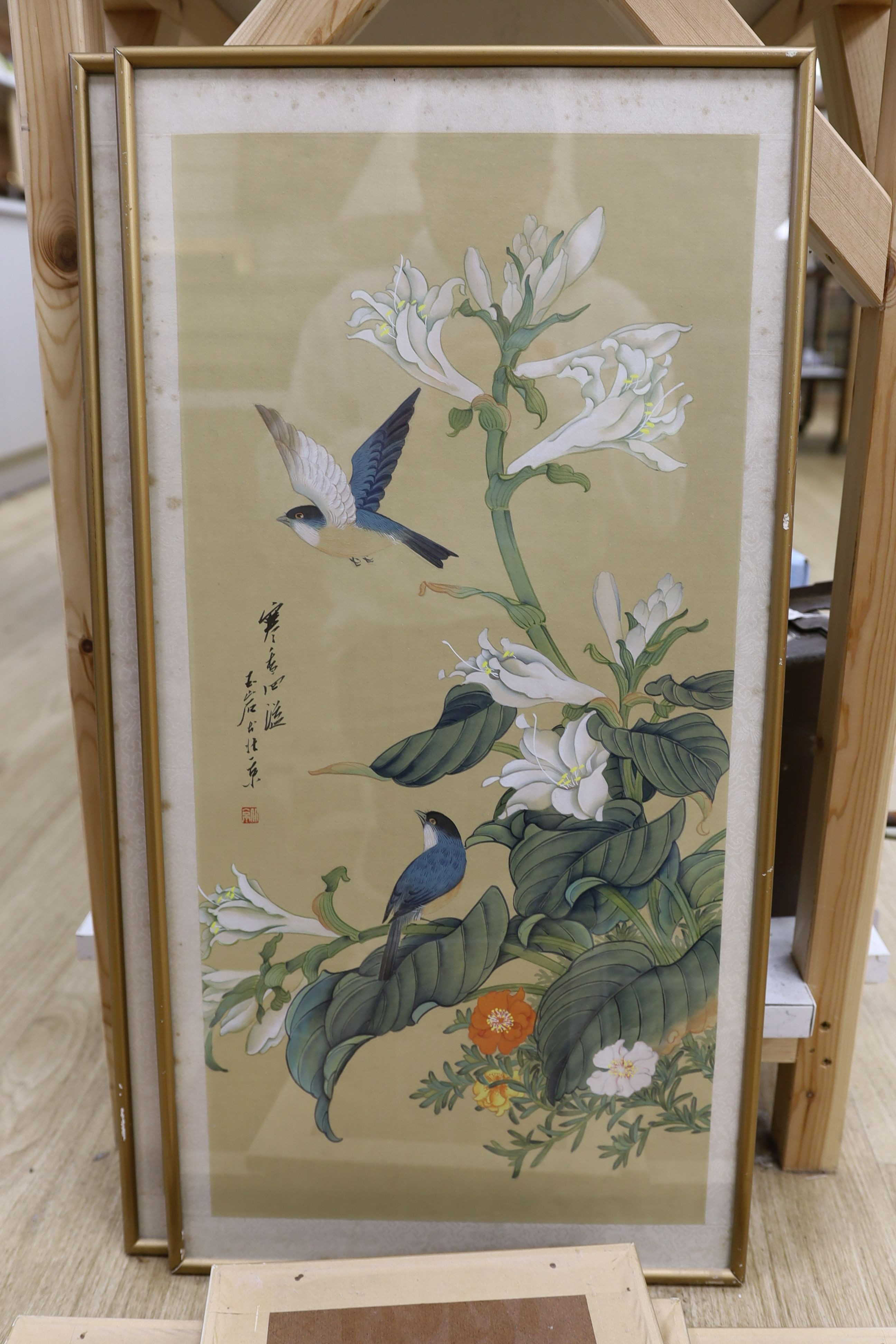 Chinese School, six watercolour and gouache on silk, Studies of birds and flowers, largest 68 x 33cm